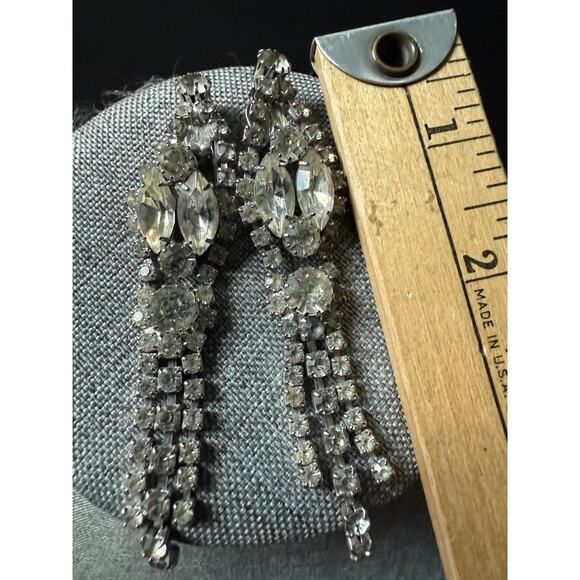 Vintage Rhinestone Earring Dangle Drop Chandelier Clear Hanging Pierced Formal - Picture 4 of 4